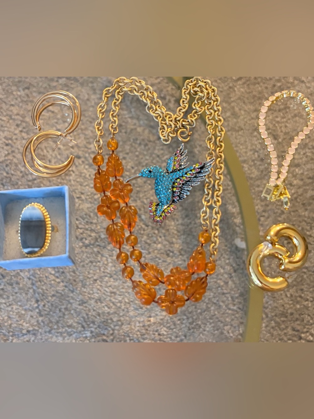 Gold Plated Tennis Bracelet , Blue Stone Ring, Hummingbird Brooch Mix Lot